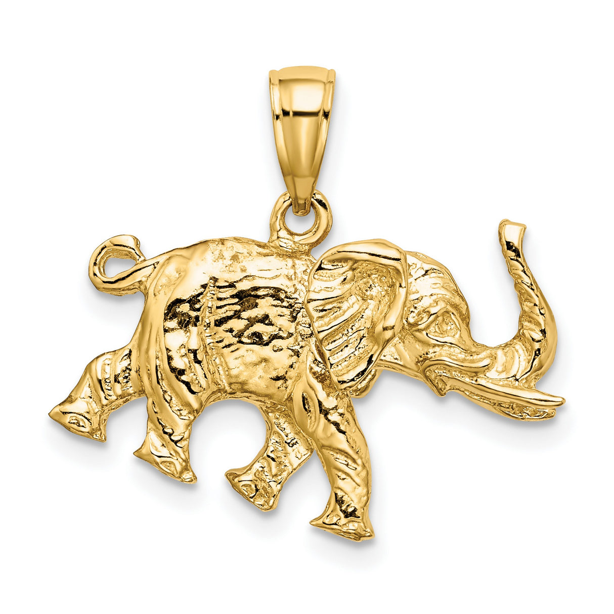 14k Yellow Gold Elephant Pendant, Walking Design with Tusks, Symbol of Strength and Wisdom