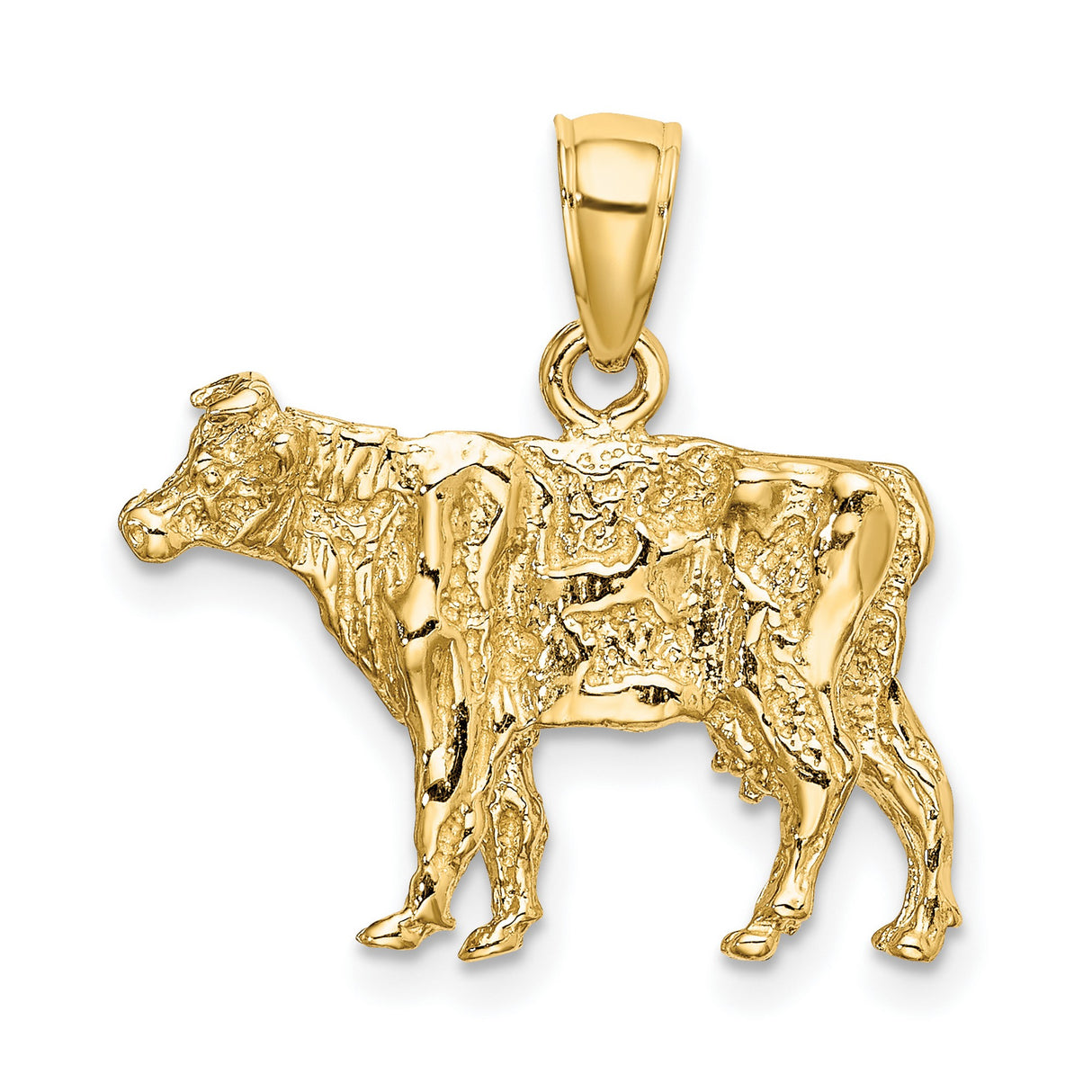 14k Yellow Gold Cow Pendant, Textured Livestock Charm, Western Ranch Style for Women or Unisex