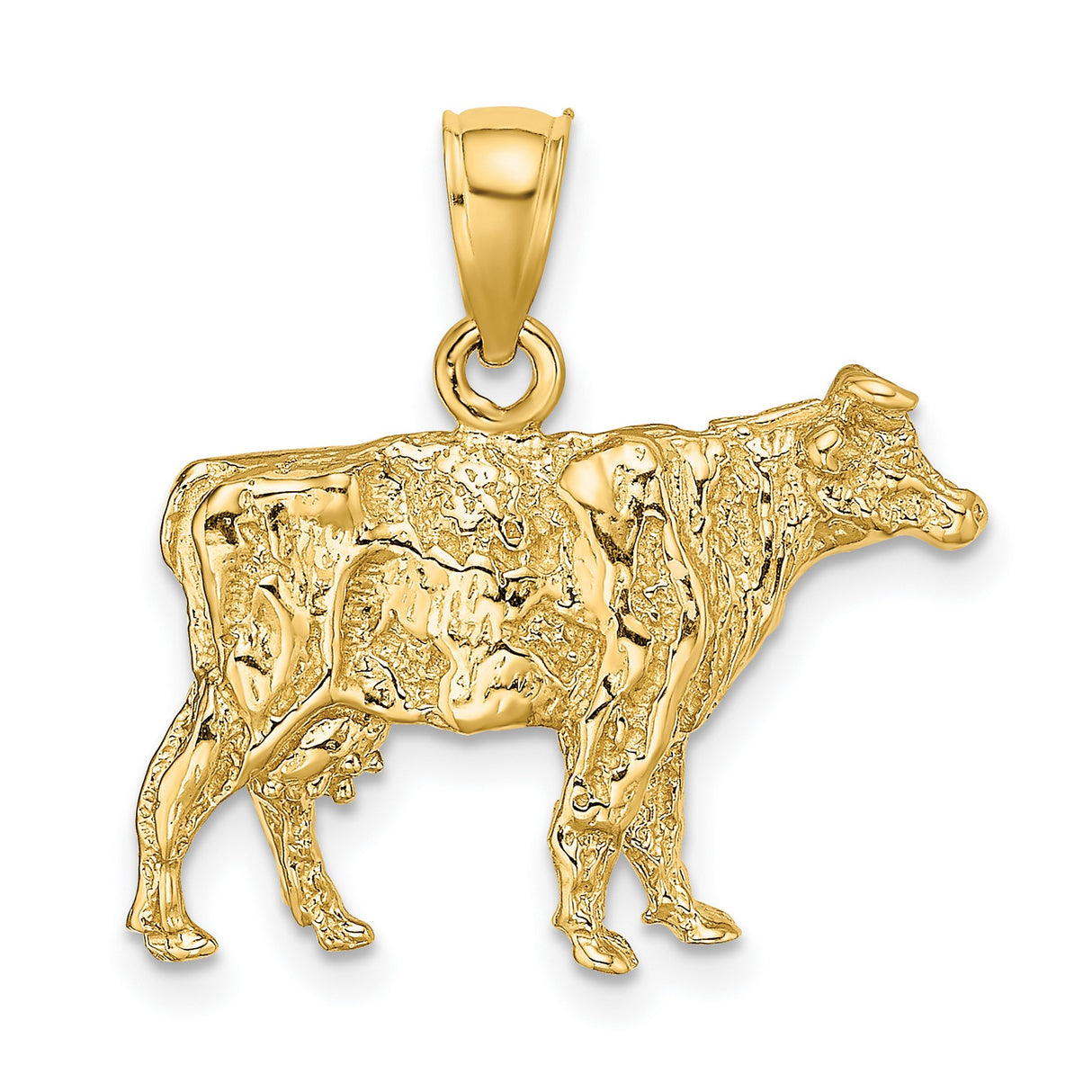 14k Yellow Gold Cow Pendant, Textured Livestock Charm, Western Ranch Style for Women or Unisex