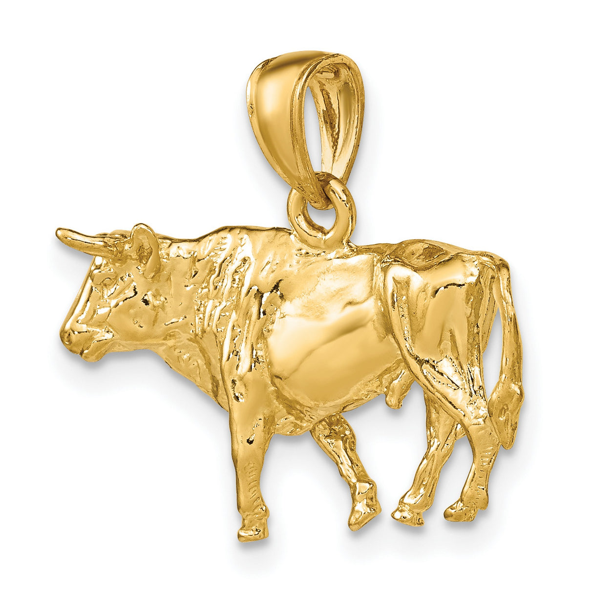 14k Yellow Gold Bull Pendant, Three Dimensional Taurus Charm for Men or Unisex Wear