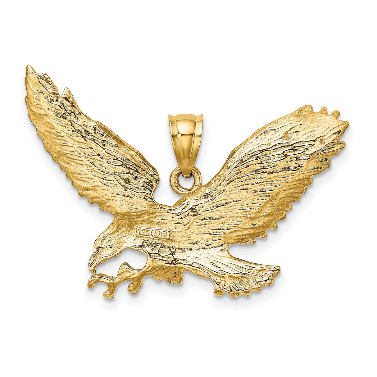 14k Yellow Gold Flying Eagle Pendant, Spread Wings Military Style, Patriotic Bird Design for Men