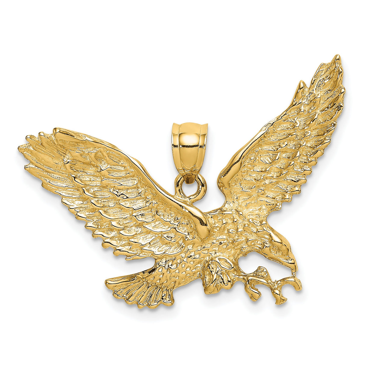 14k Yellow Gold Flying Eagle Pendant, Spread Wings Military Style, Patriotic Bird Design for Men