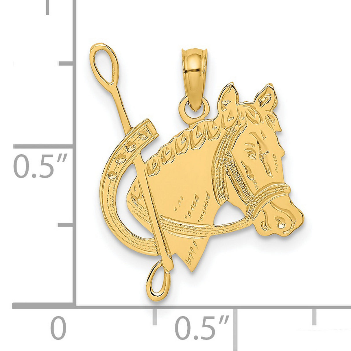14k Yellow Gold Horse Head Pendant with Riding Crop and Horseshoe, Equestrian Charm