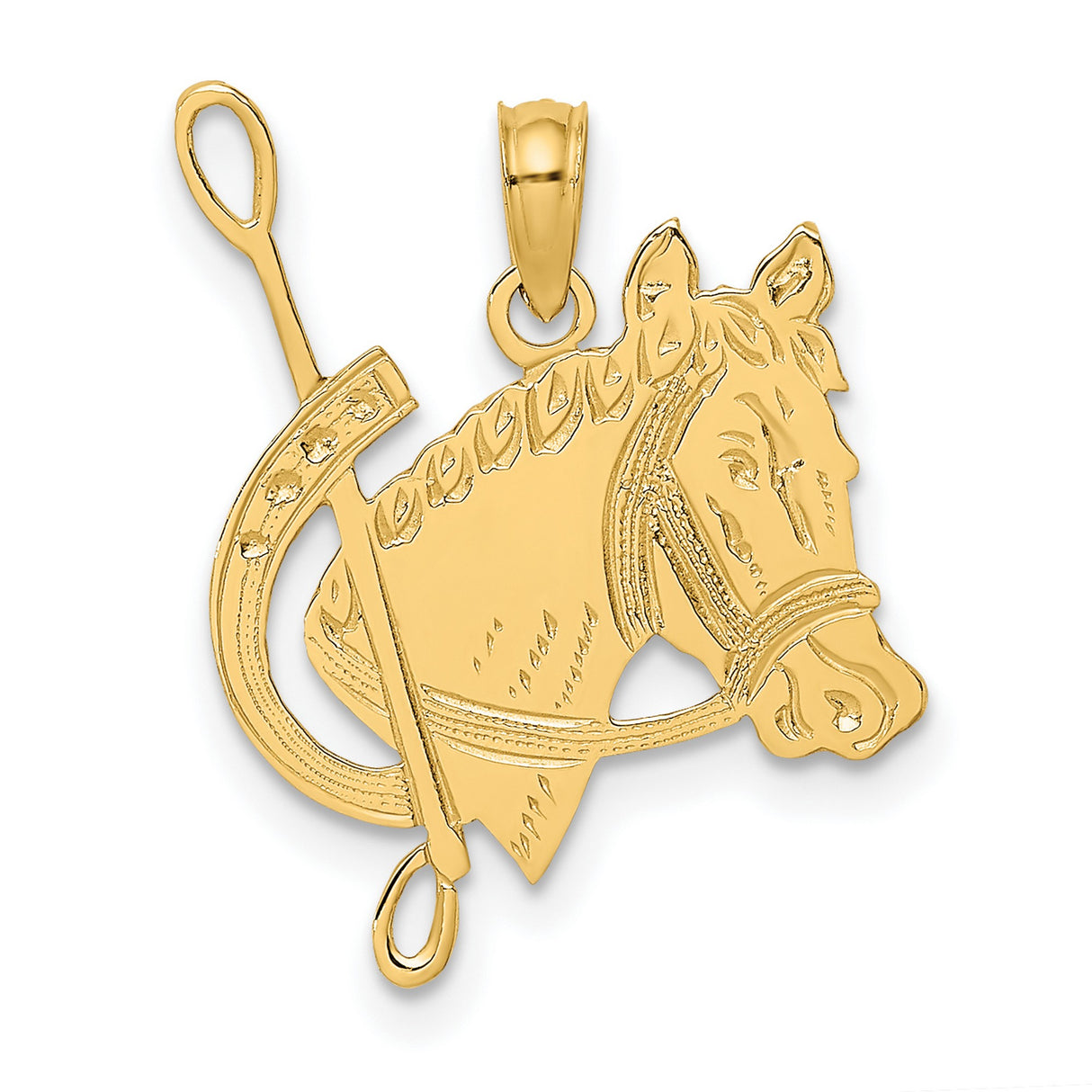 14k Yellow Gold Horse Head Pendant with Riding Crop and Horseshoe, Equestrian Charm