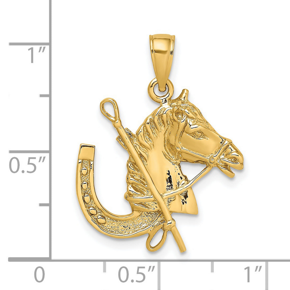 14k Yellow Gold Horse Head Pendant with Riding Crop and Horseshoe, Equestrian Charm
