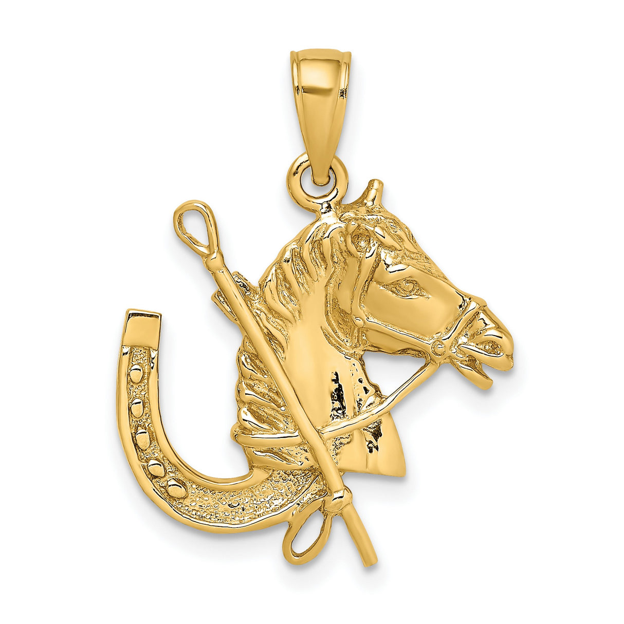 14k Yellow Gold Horse Head Pendant with Riding Crop and Horseshoe, Equestrian Charm