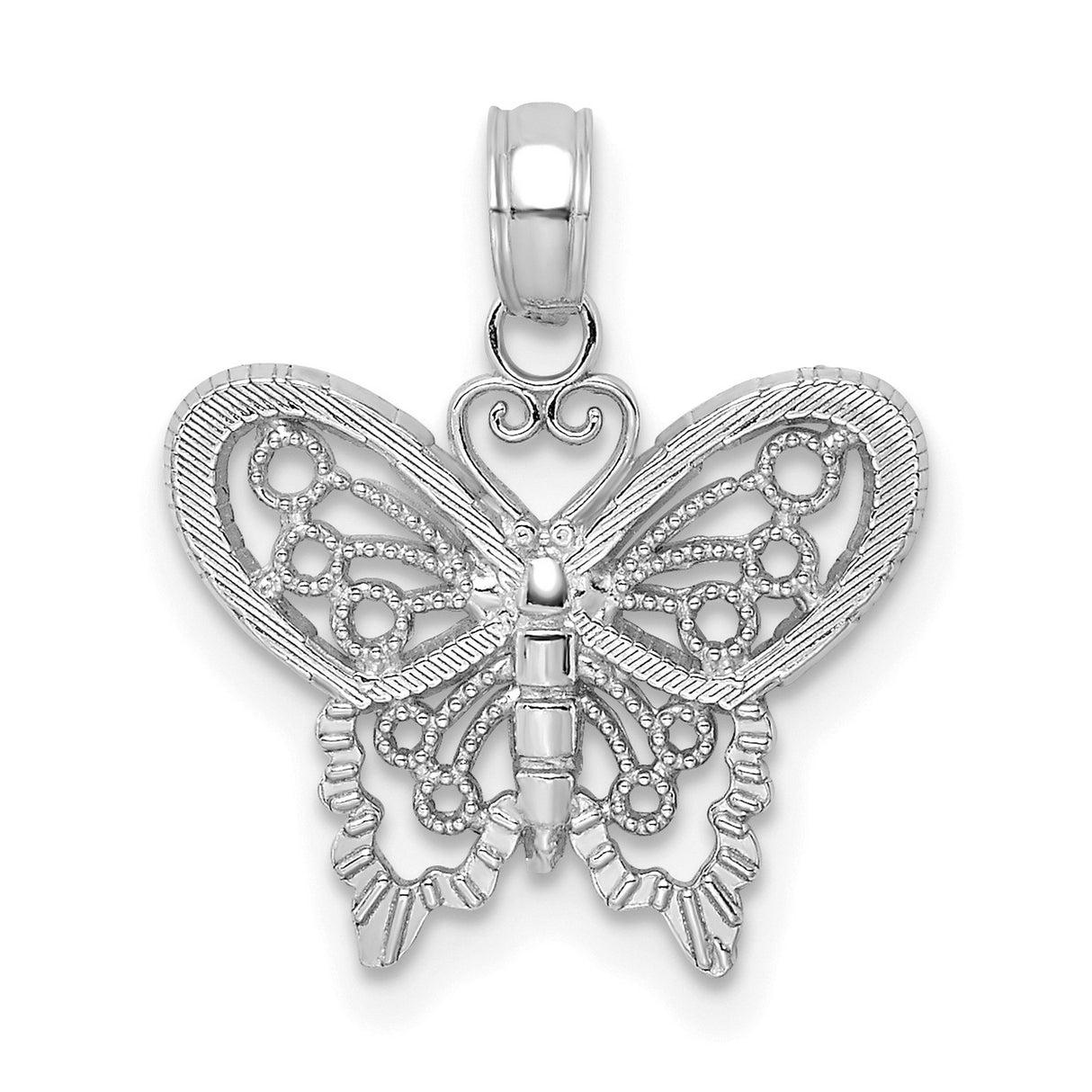 14k White Gold Butterfly Pendant with Filigree Design, Symbol of Renewal and Transformation