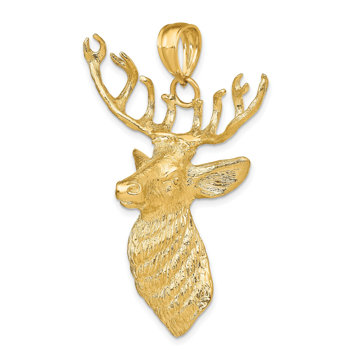 14k Yellow Gold Deer Head Pendant with Textured Antlers, Wildlife Theme for Men