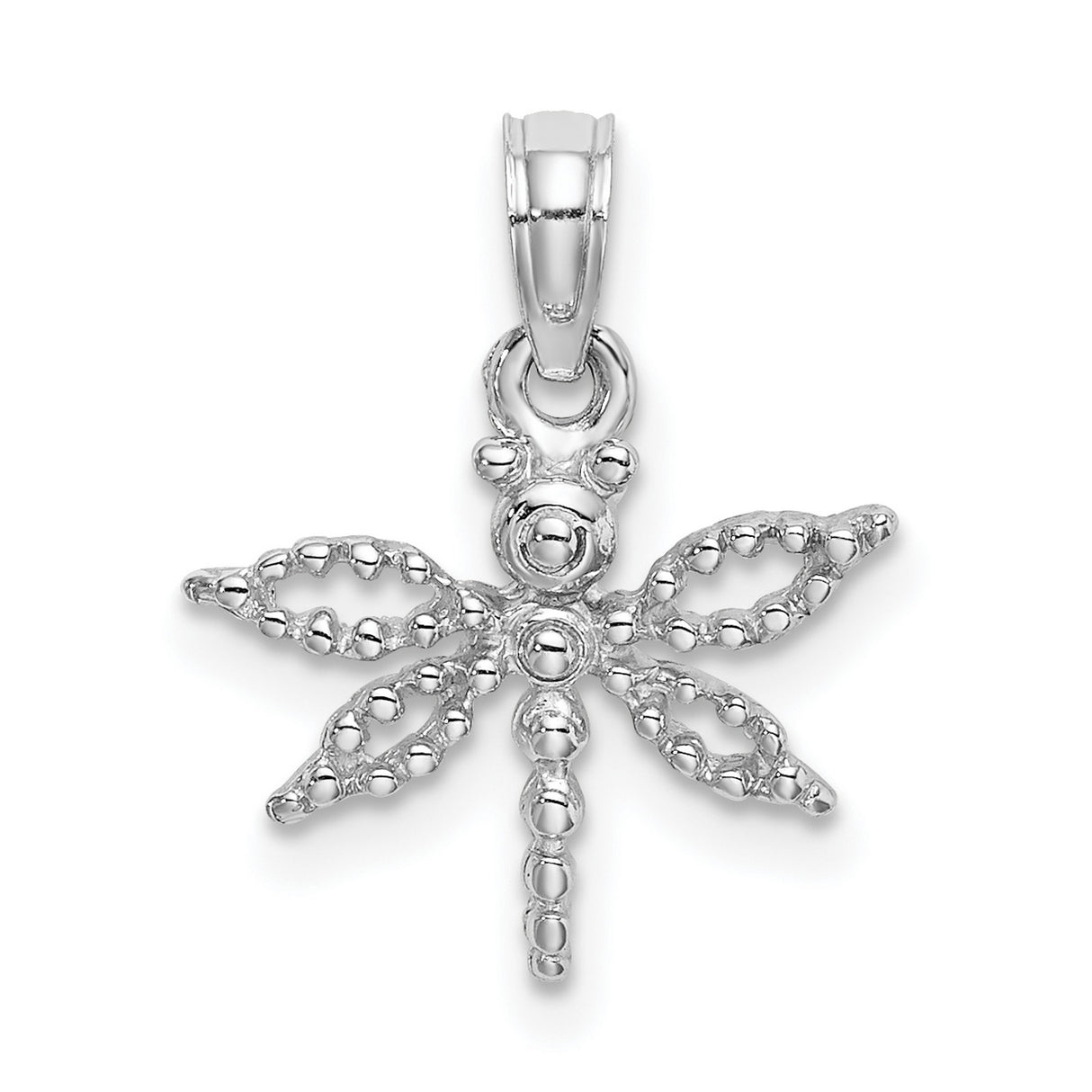 14k White Gold Dragonfly Pendant with Beaded Wing Detail, Nature-Inspired Minimalist Charm