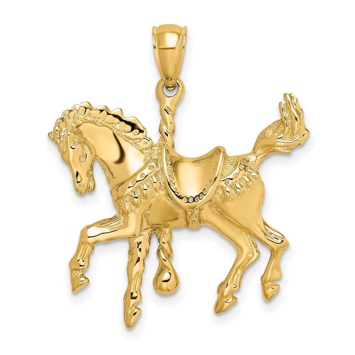 14k Yellow Gold Carousel Horse Pendant with Detailed Saddle and Reins, Vintage Style Charm