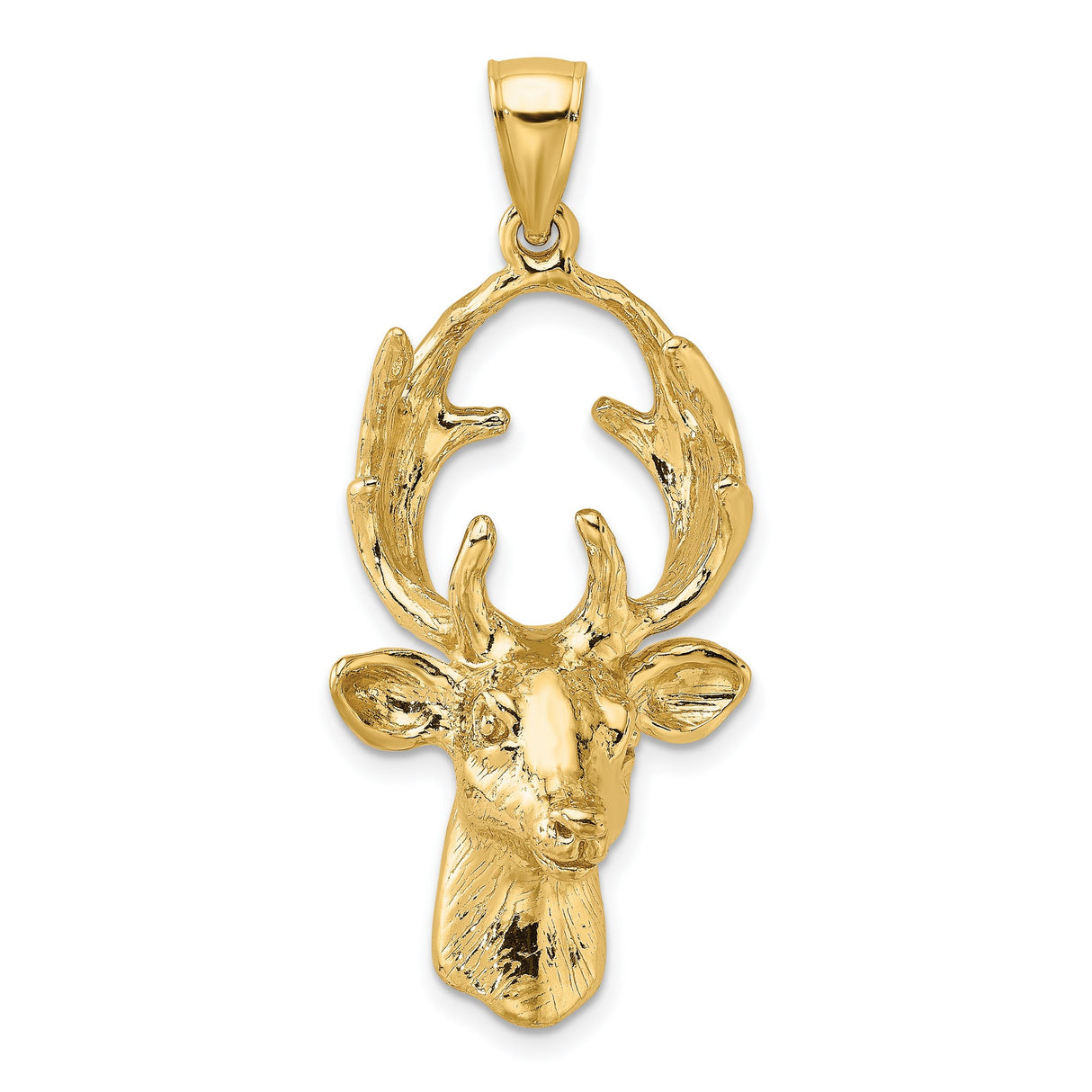 14k Yellow Gold Deer Head Pendant with Antlers, Wilderness Wildlife Charm for Men