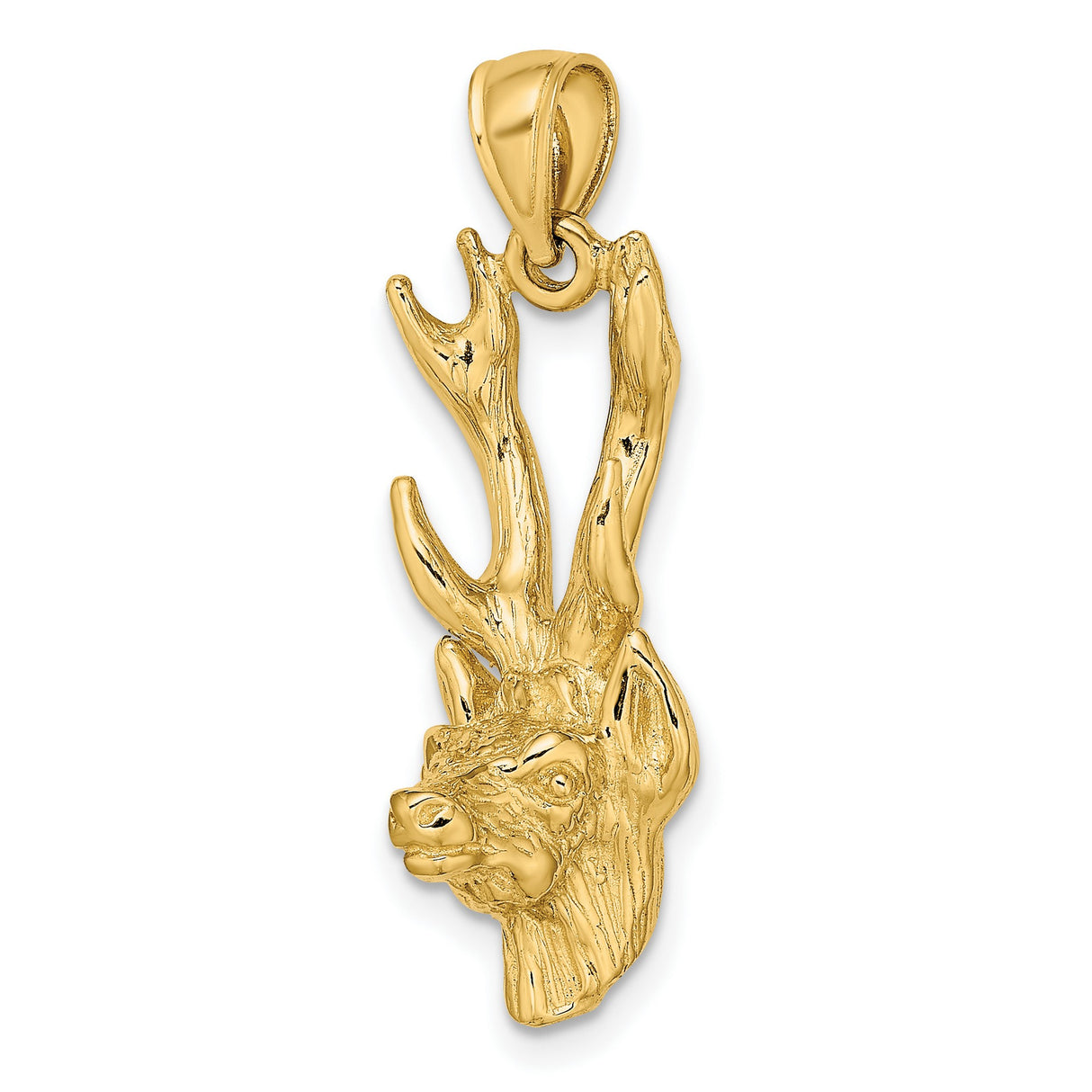 14k Yellow Gold Deer Head Pendant with Detailed Antlers, Hunting Wildlife Charm for Men