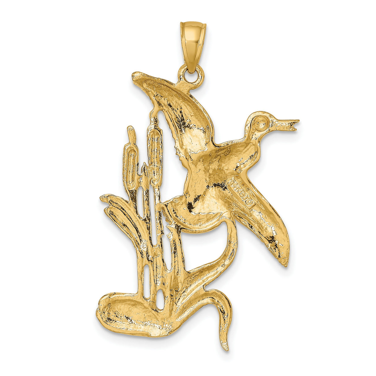 14k Yellow Gold Pendant with Heron in Flight and Cattails, Nature Inspired Bird Jewelry