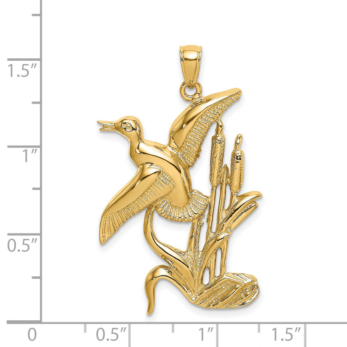 14k Yellow Gold Pendant with Heron in Flight and Cattails, Nature Inspired Bird Jewelry