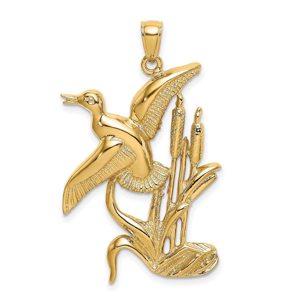 14k Yellow Gold Pendant with Heron in Flight and Cattails, Nature Inspired Bird Jewelry