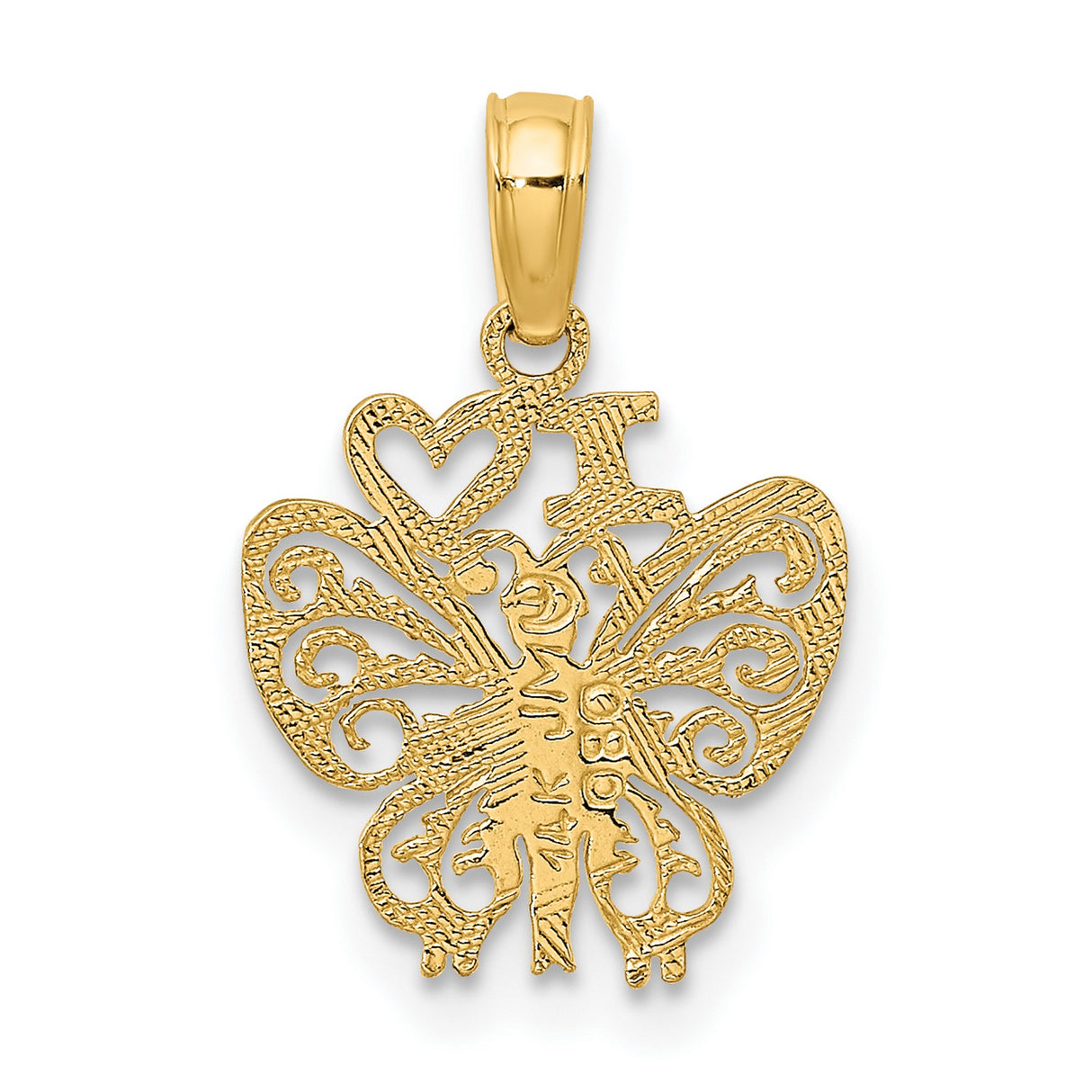 14k Yellow Gold Butterfly Pendant with Winged Figure and Heart Inscription