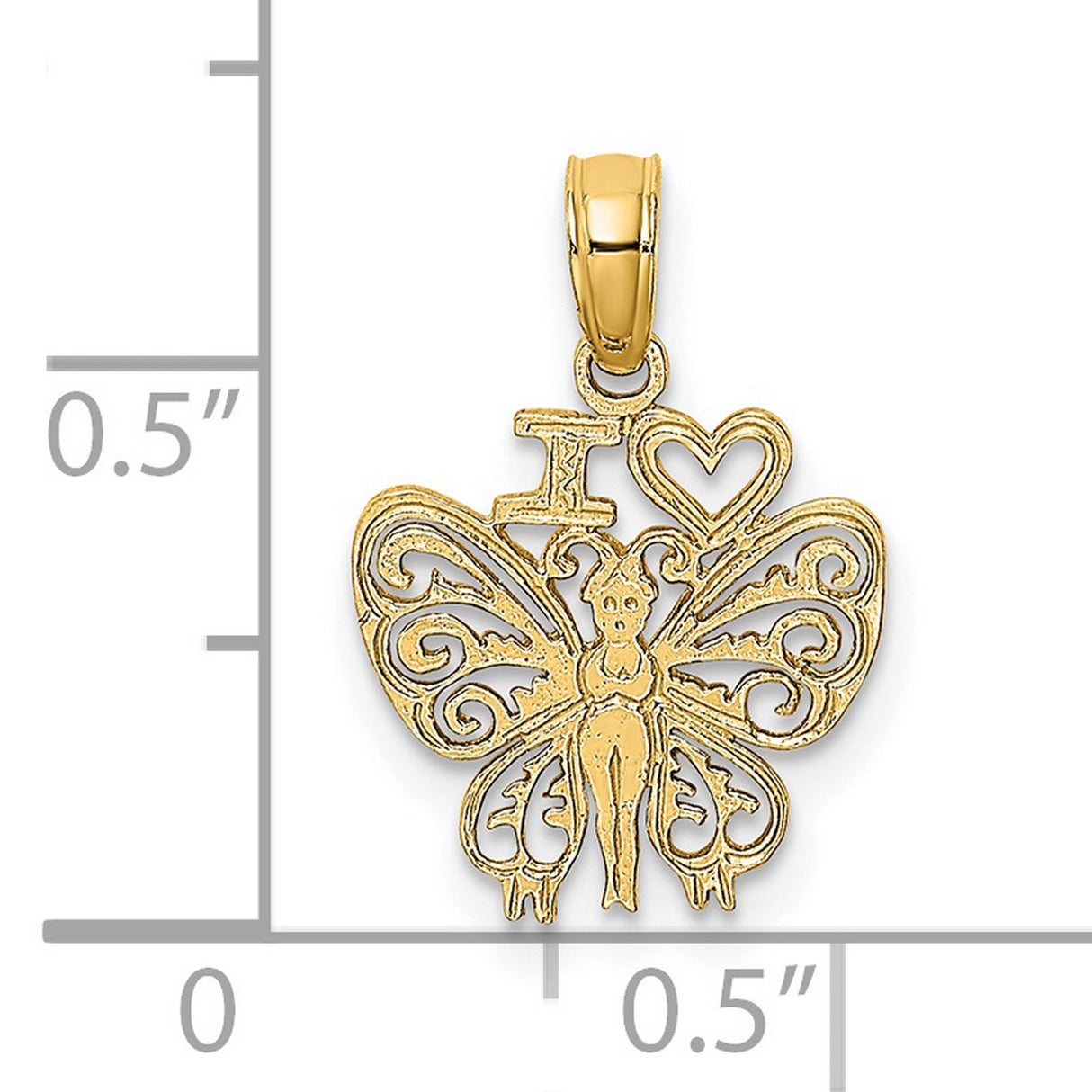 14k Yellow Gold Butterfly Pendant with Winged Figure and Heart Inscription