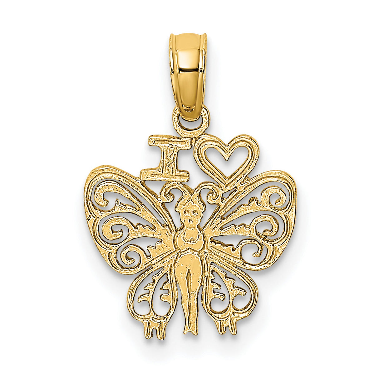 14k Yellow Gold Butterfly Pendant with Winged Figure and Heart Inscription
