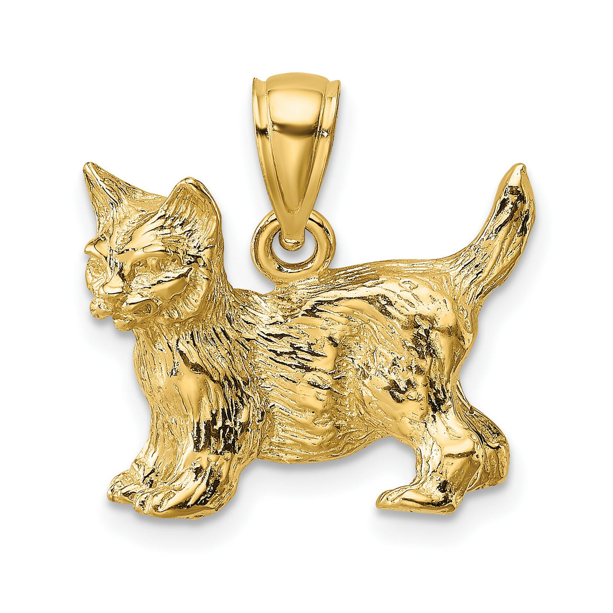 14k Yellow Gold Cat Pendant, Longhair Feline Charm, Animal Jewelry for Women
