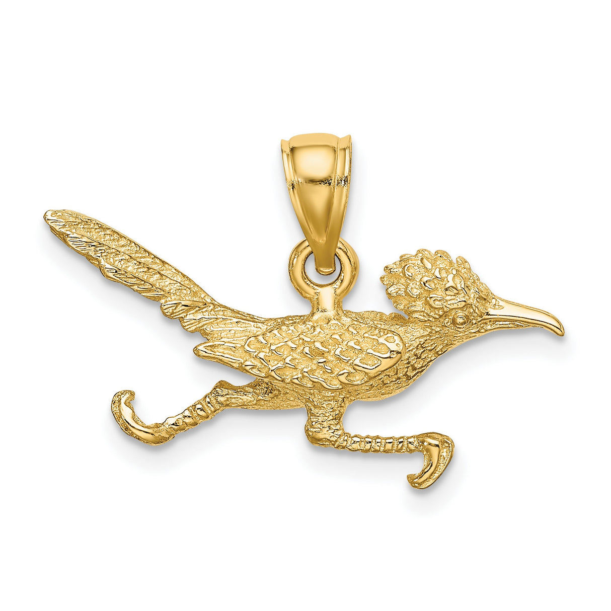 14k Yellow Gold Roadrunner Pendant, Textured Desert Bird Design for Women or Unisex