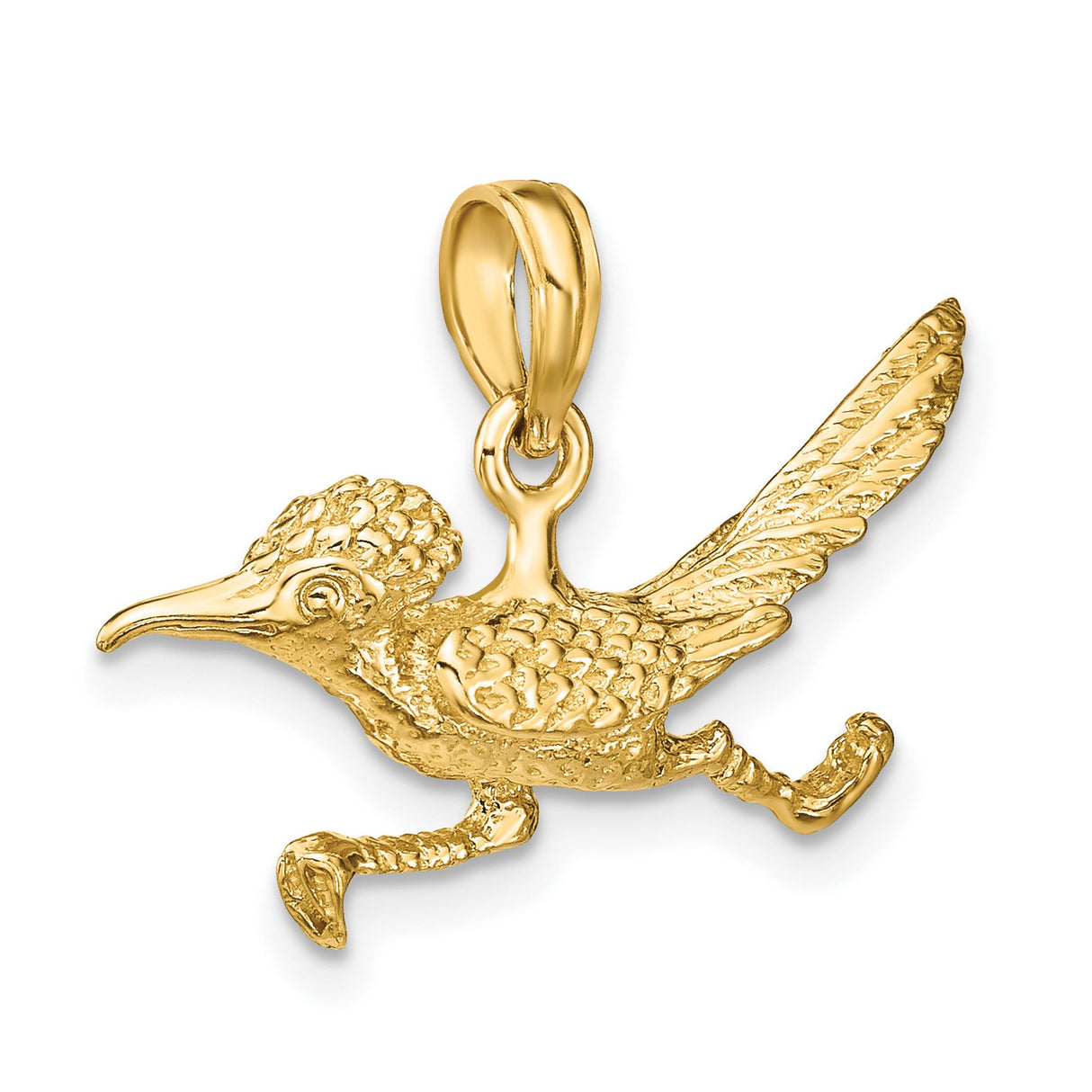 14k Yellow Gold Roadrunner Pendant, Textured Desert Bird Design for Women or Unisex