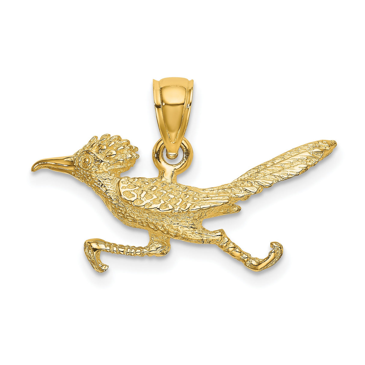 14k Yellow Gold Roadrunner Pendant, Textured Desert Bird Design for Women or Unisex