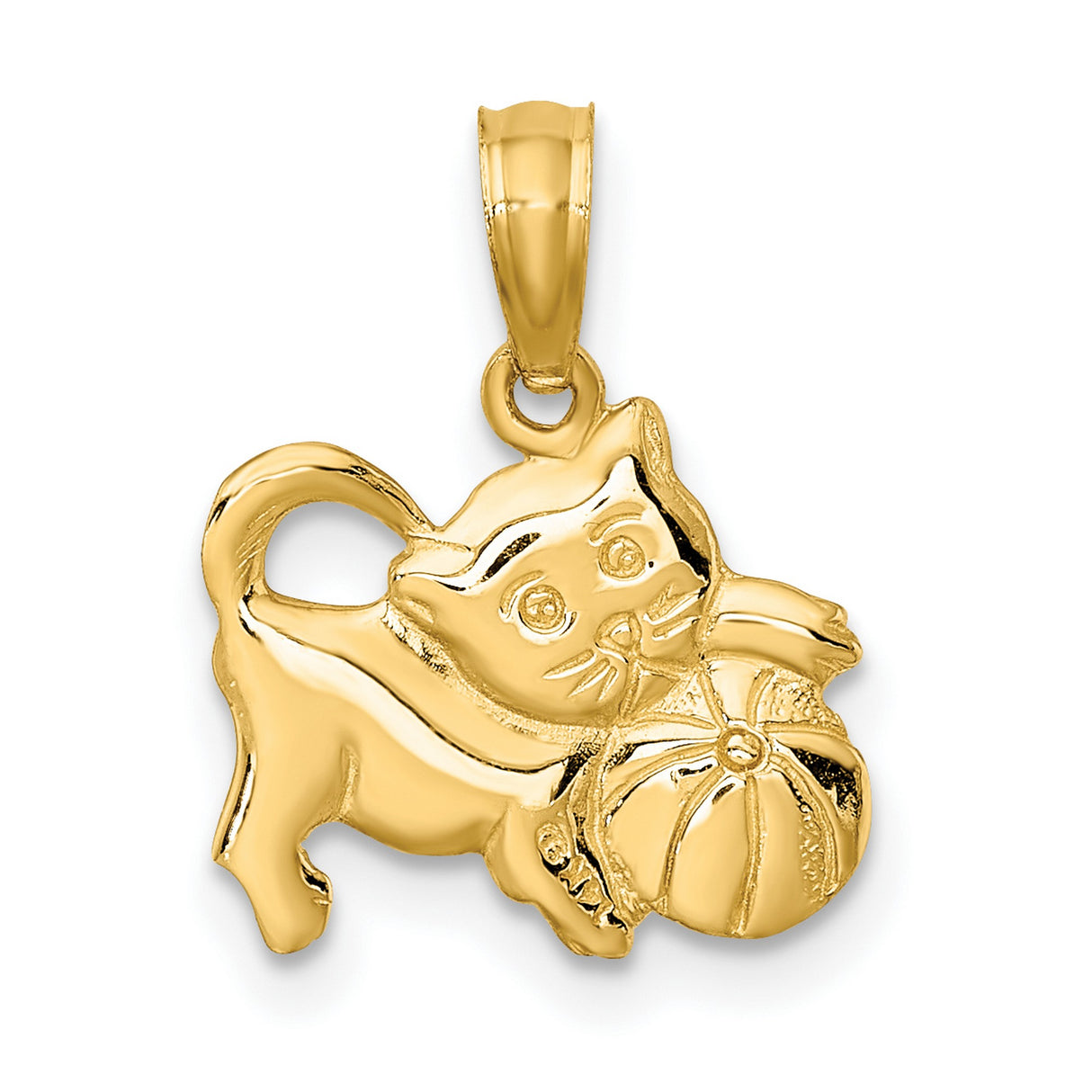 14k Yellow Gold Cat Pendant, Playful Kitten with Ball Design, Solid Gold Animal Charm for Women