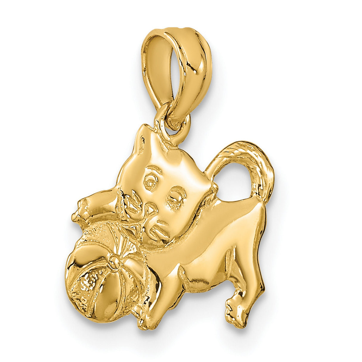 14k Yellow Gold Cat Pendant, Playful Kitten with Ball Design, Solid Gold Animal Charm for Women