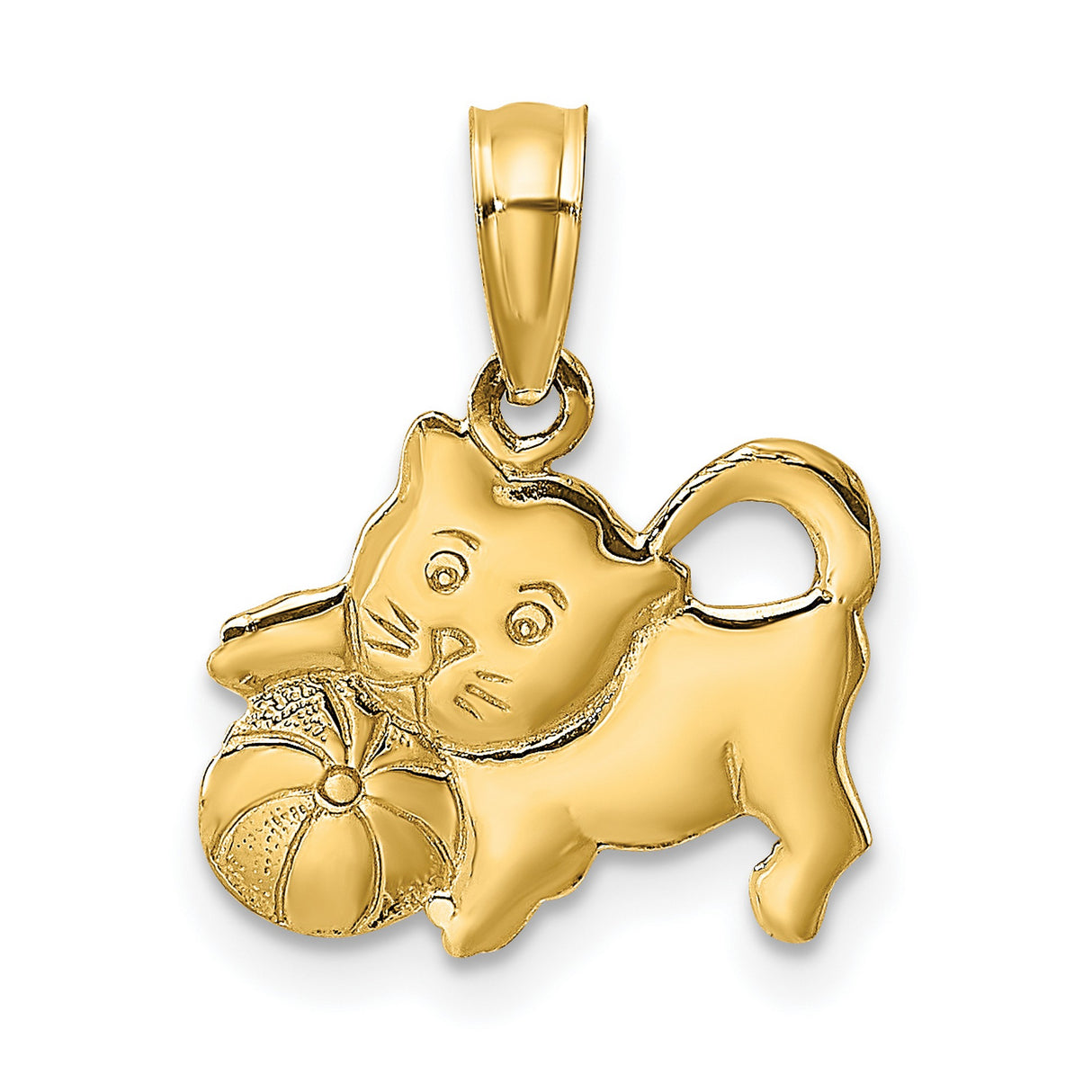 14k Yellow Gold Cat Pendant, Playful Kitten with Ball Design, Solid Gold Animal Charm for Women