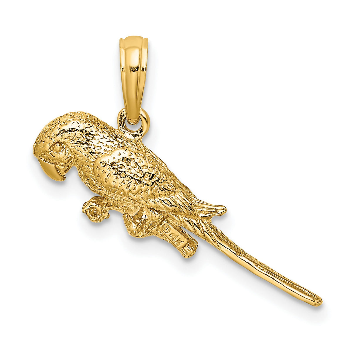 14k Yellow Gold Parrot Pendant with Feather Engraving, Unisex Tropical Bird Charm