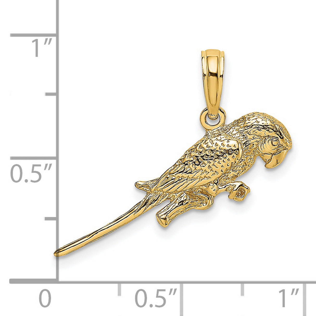 14k Yellow Gold Parrot Pendant with Feather Engraving, Unisex Tropical Bird Charm