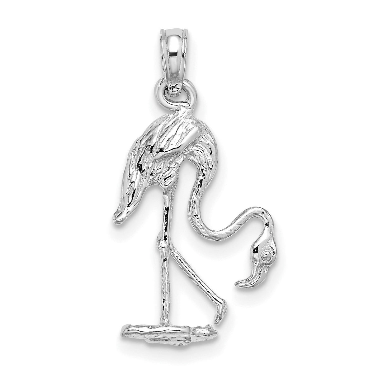 14k White Gold Flamingo Pendant, Detailed Wading Bird Charm, Tropical Animal Jewelry
