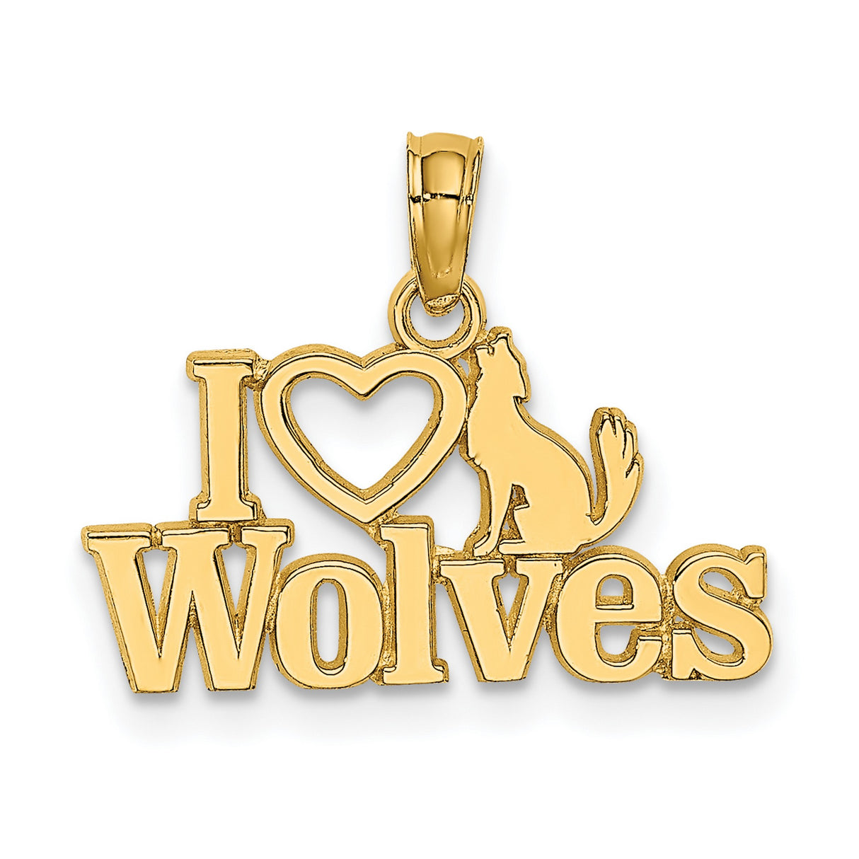 14k Yellow Gold Wolf Pendant with Heart Symbol, Nature-Inspired Wilderness Charm