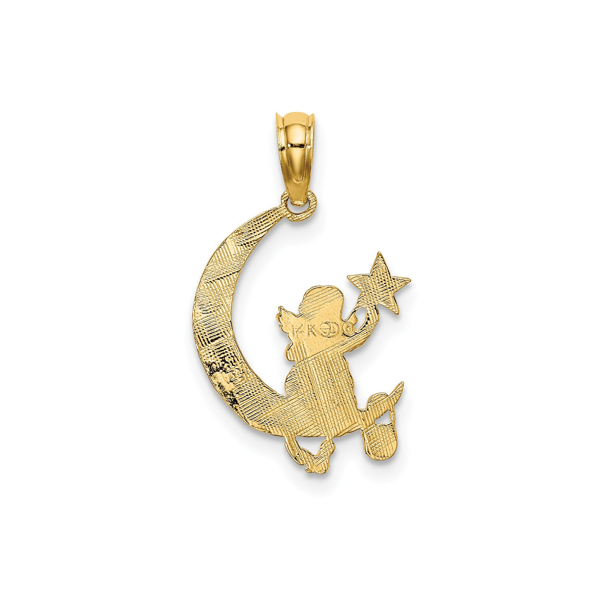 14k Yellow Gold Angel Moon Pendant with Cherub on Crescent and Reaching Star