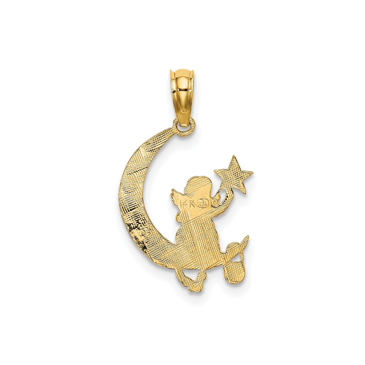 14k Yellow Gold Angel Moon Pendant with Cherub on Crescent and Reaching Star
