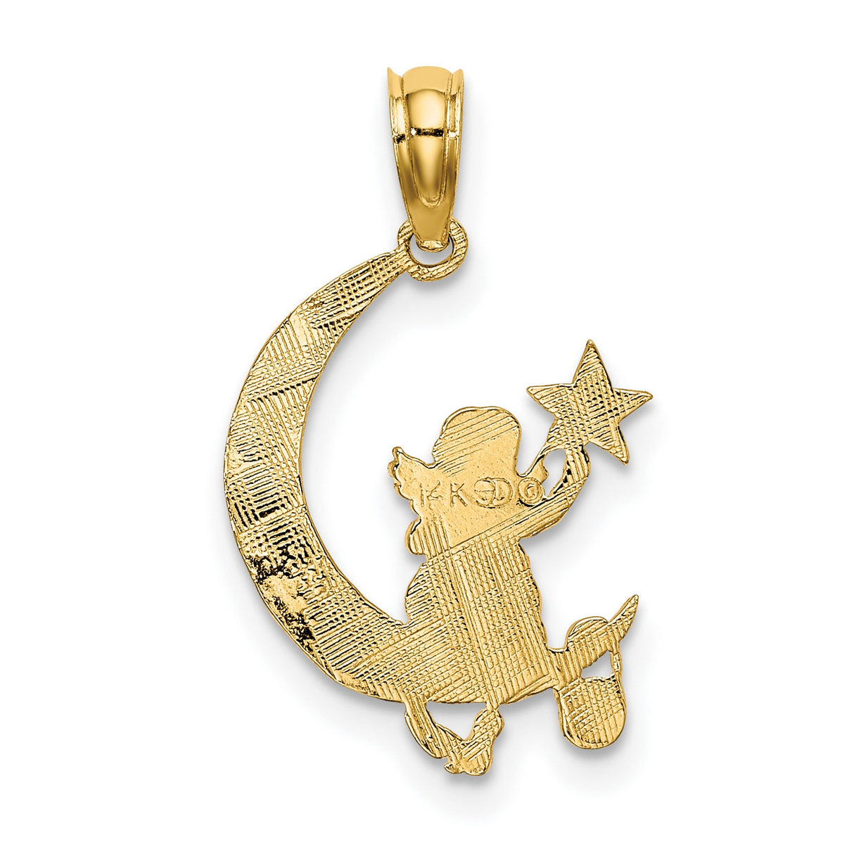 Angel Holding Star Sitting On Half Moon Charm Pendant in Real 14k Yellow Gold
