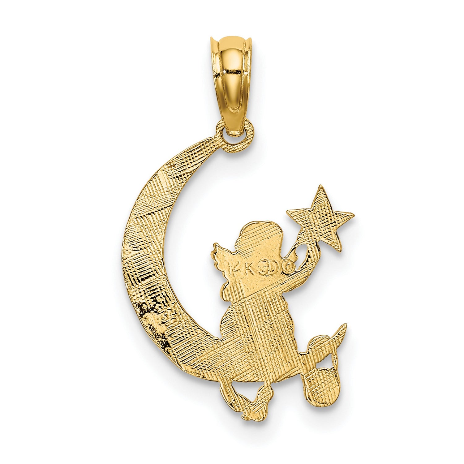 Angel Holding Star Sitting On Half Moon Charm Pendant in Real 14k Yellow Gold