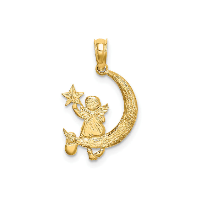 14k Yellow Gold Angel Moon Pendant with Cherub on Crescent and Reaching Star