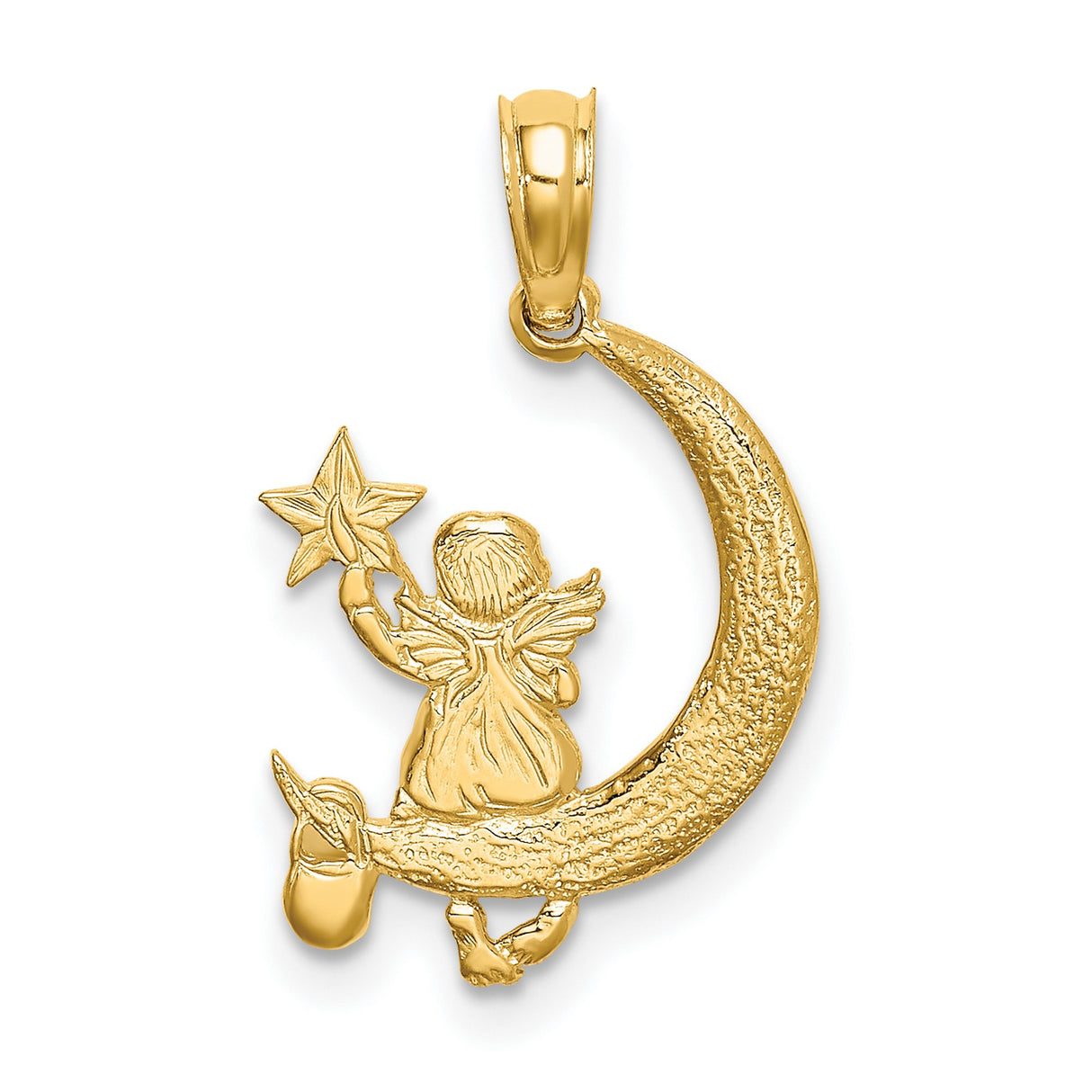 Angel Holding Star Sitting On Half Moon Charm Pendant in Real 14k Yellow Gold
