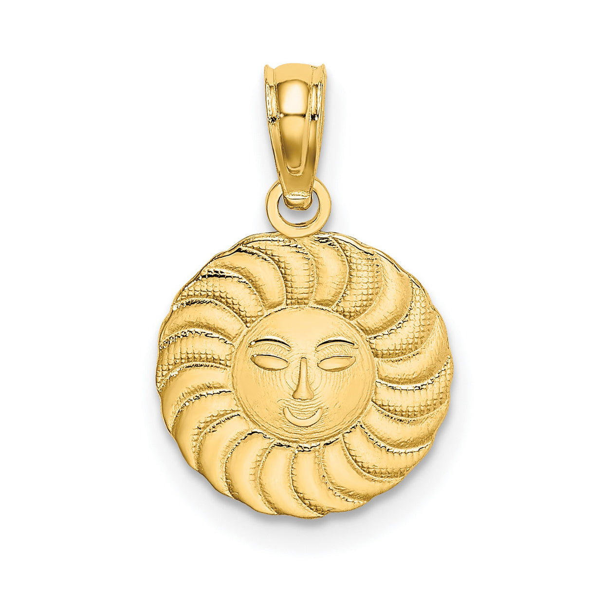 14k Yellow Gold Sun Face Pendant with Textured Sunburst Design, Celestial and Boho Style