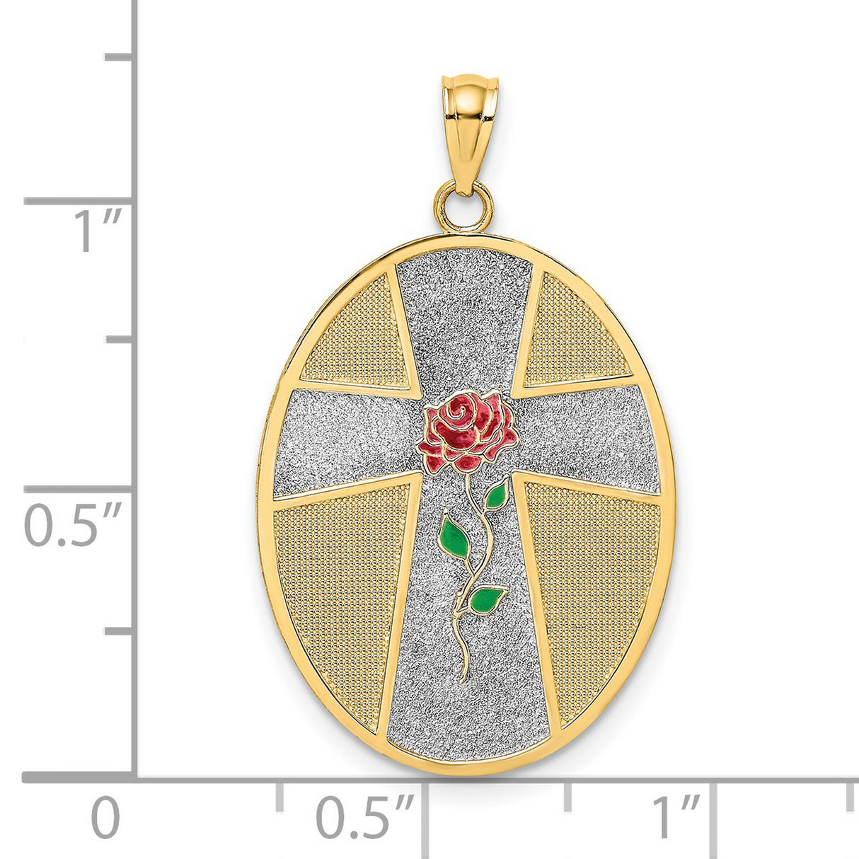 14k Multi-Tone Gold Oval Pendant with Christian Cross, Red Enameled Rose and Rhodium Accents