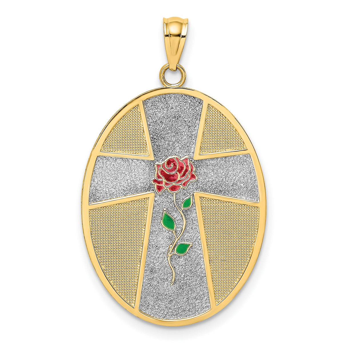 14k Multi-Tone Gold Oval Pendant with Christian Cross, Red Enameled Rose and Rhodium Accents