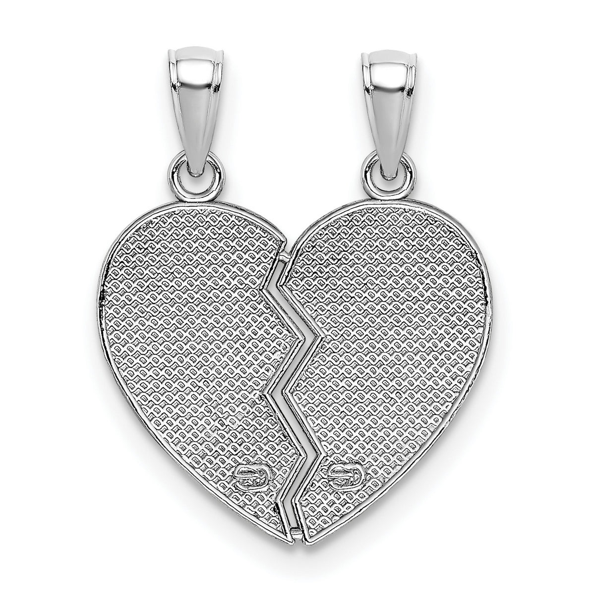 14k White Gold Split Heart Pendant with Big Sister and Little Sister Engraving, Red Flower Accent