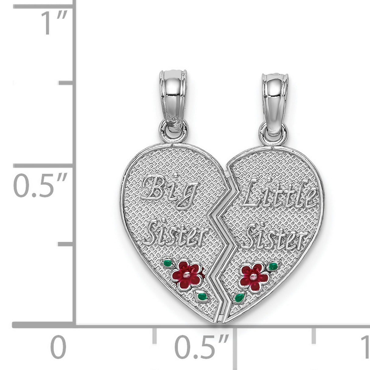 14k White Gold Split Heart Pendant with Big Sister and Little Sister Engraving, Red Flower Accent