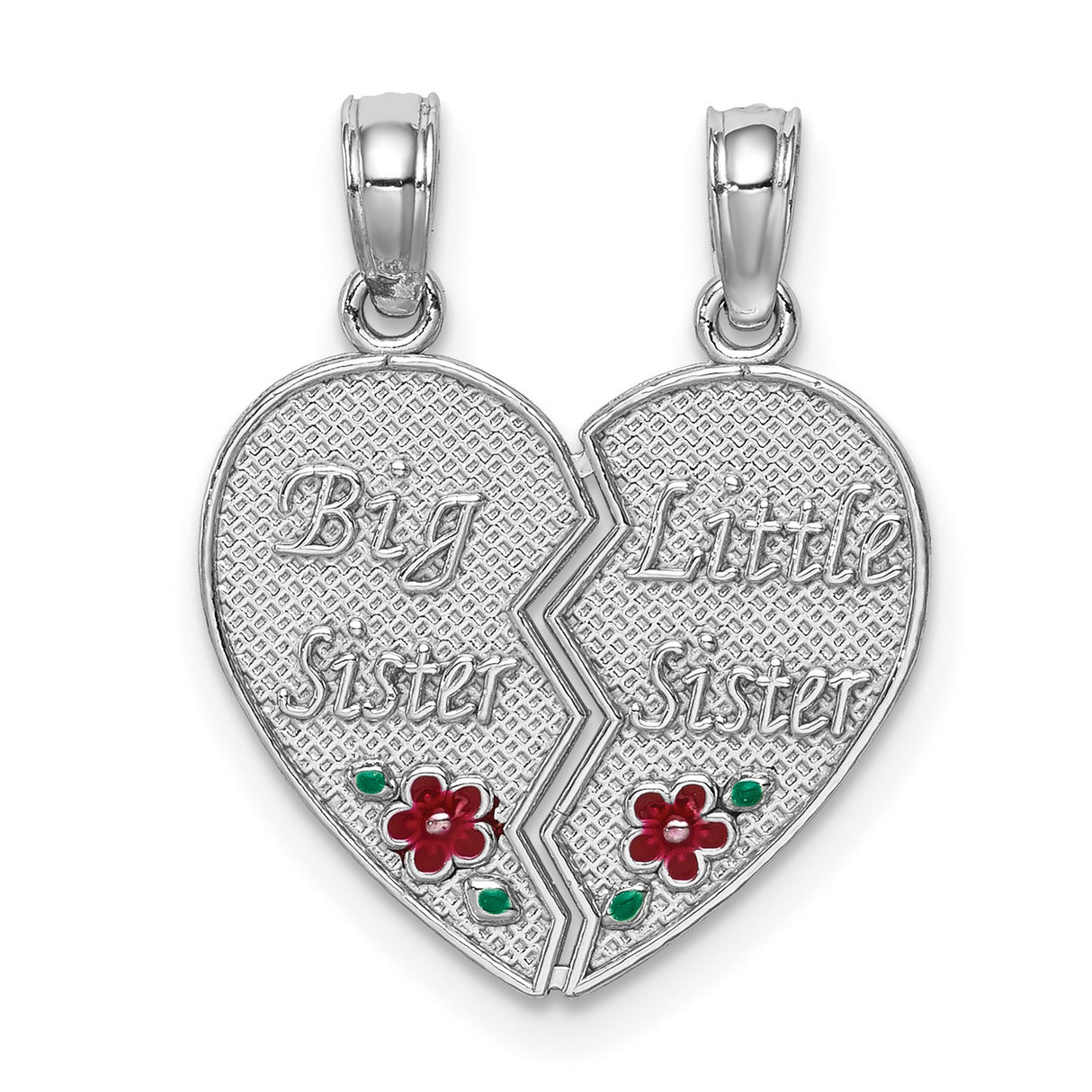 14k White Gold Split Heart Pendant with Big Sister and Little Sister Engraving, Red Flower Accent