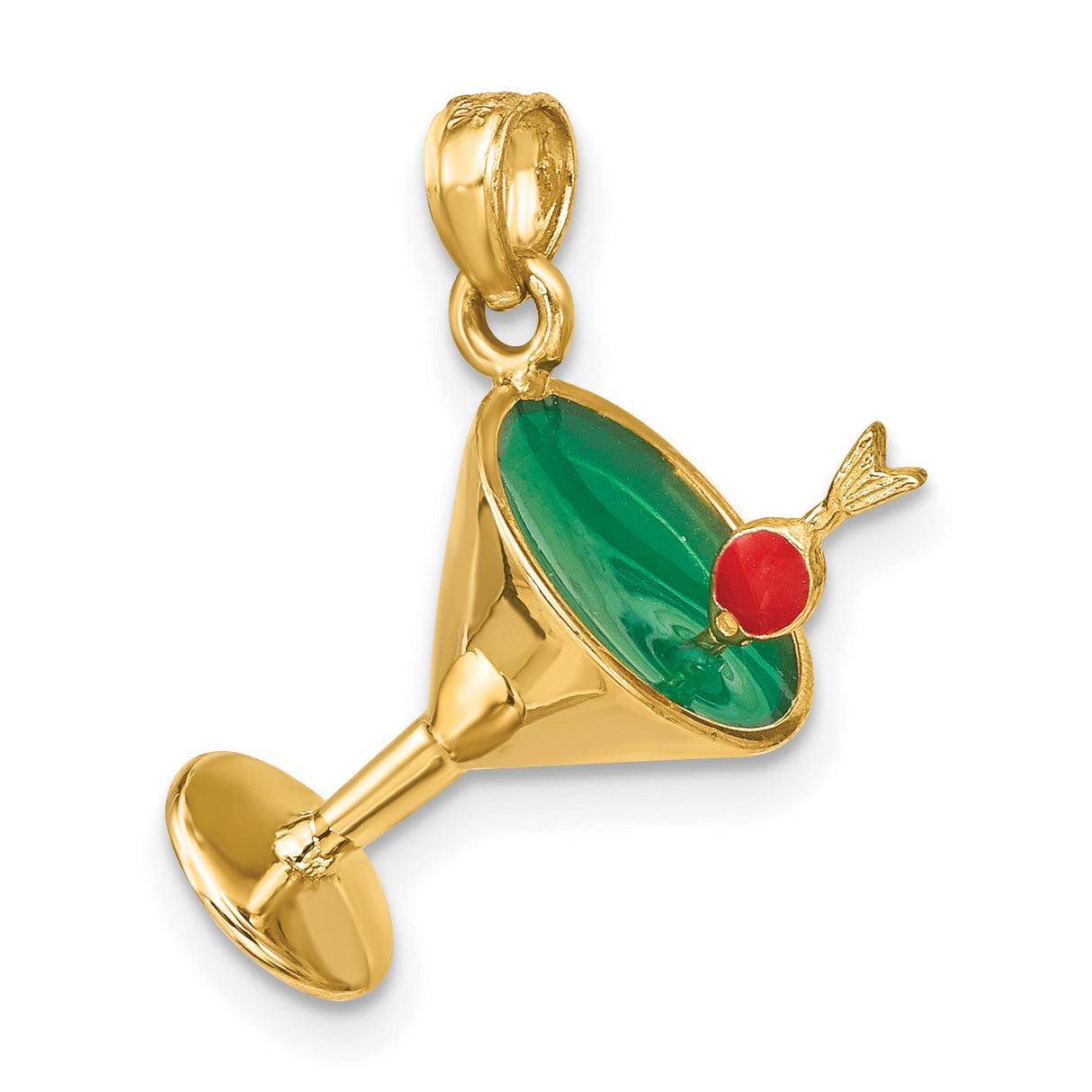 14k Yellow Gold Martini Glass Charm Pendant with Green Enamel and Red Olive Accent