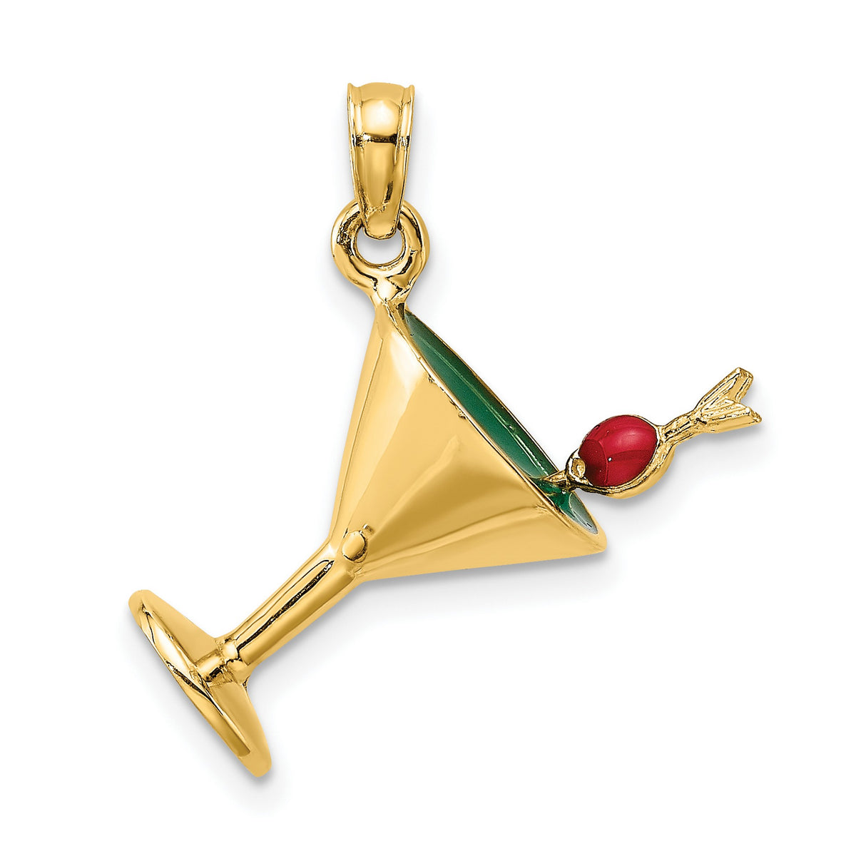 14k Yellow Gold Martini Glass Charm Pendant with Green Enamel and Red Olive Accent
