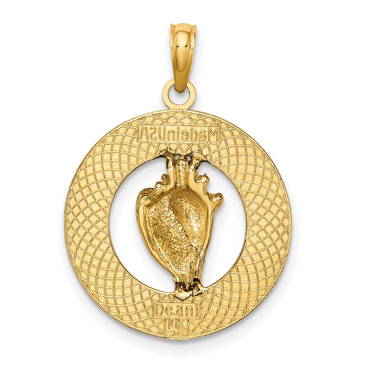 14k Yellow Gold Conch Shell Pendant with ANTIGUA WI Engraving, Tropical Island Charm