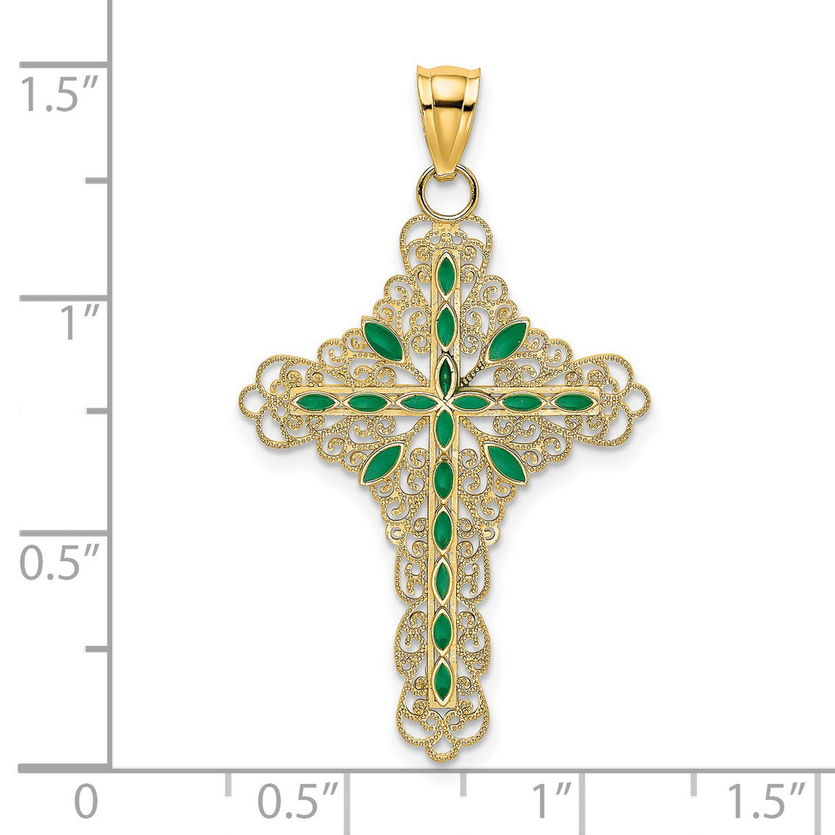 14k Yellow Gold Filigree Cross Pendant with Green Enamel and Oval Accents