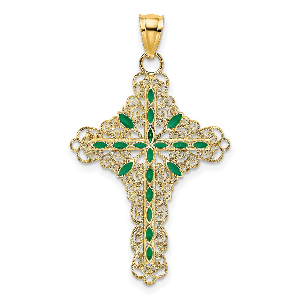 14k Yellow Gold Filigree Cross Pendant with Green Enamel and Oval Accents